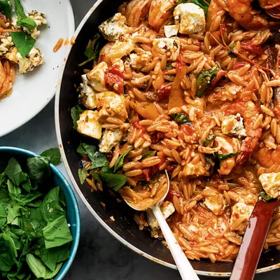 Ottolenghi’s Orzo with Prawns, Tomato and Marinated Feta