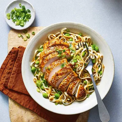 Tahini-soy chicken with edamame noodles