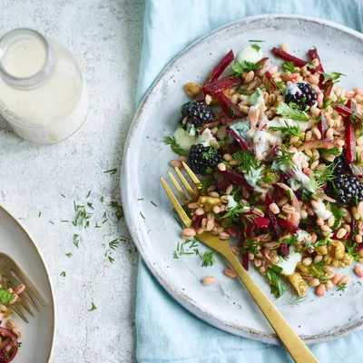 Spelt With Blackberries, Beets, Walnuts & Buttermilk