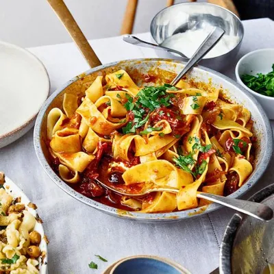 Pappardelle with Rose Harissa, Black Olive and Capers