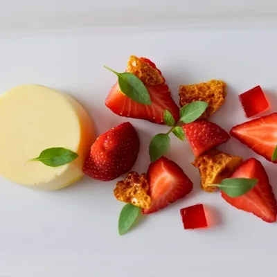 White Chocolate Panna Cotta With Strawberries and Honeycomb