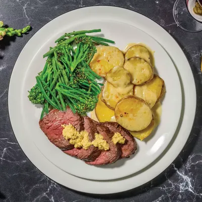 Roast Beef Rump & Dauphinoise Potatoes with Garlic-Dijon Butter & Greens