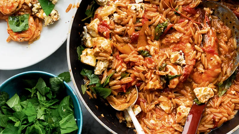 Ottolenghi’s Orzo with Prawns, Tomato and Marinated Feta