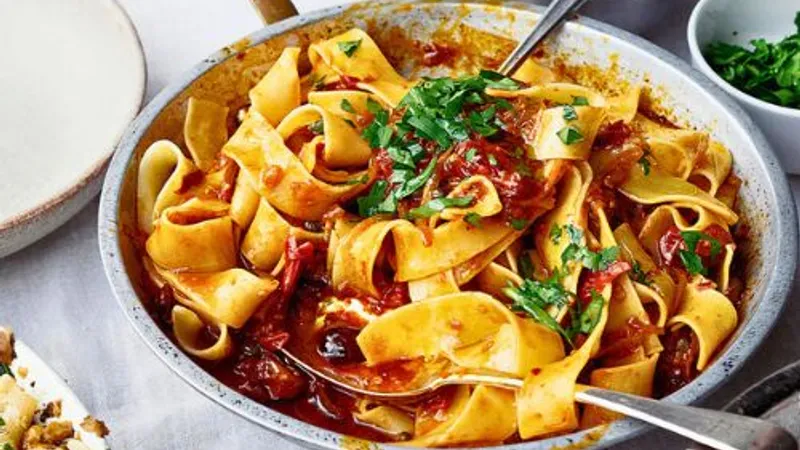 Pappardelle with Rose Harissa, Black Olive and Capers