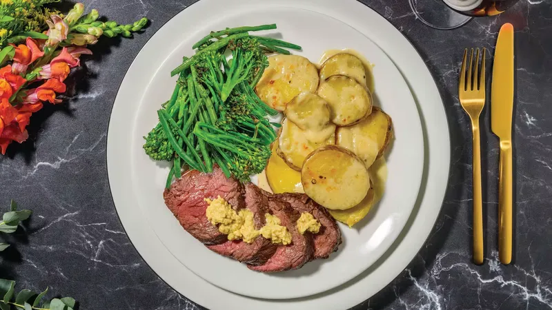 Roast Beef Rump & Dauphinoise Potatoes with Garlic-Dijon Butter & Greens